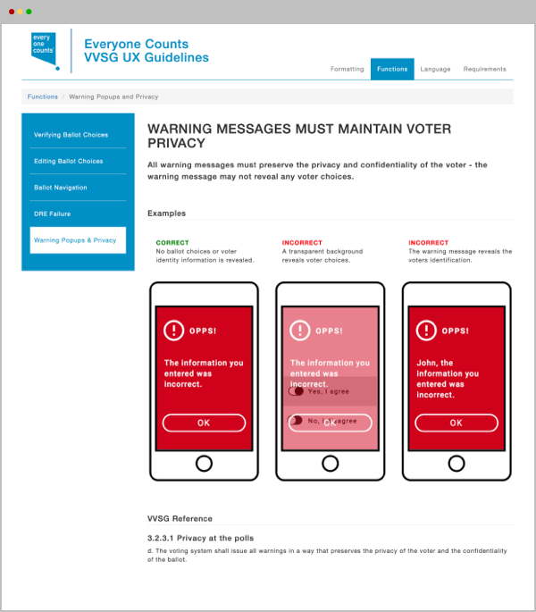 VVSG UX Guidelines - Functions - Warnings, Pop ups and Privacy